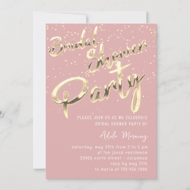 Gold Confetti  Bridal Shower Script Pink Rose Invitation (Front)