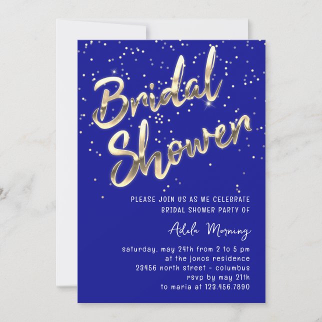 Gold Confetti Bridal Shower Script Royal Blue Invitation (Front)