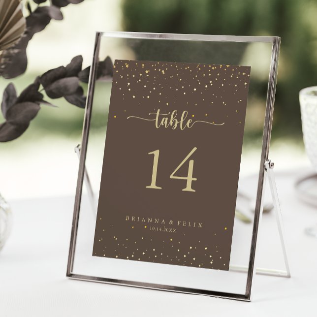Gold Confetti Brown Calligraphy Wedding  Table Number (Creator Uploaded)