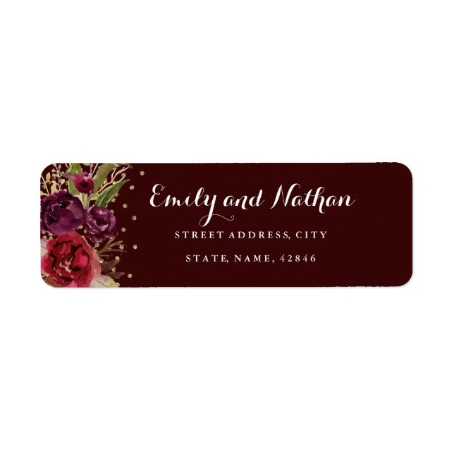 Gold Confetti Burgundy Floral Return Address Label (Front)