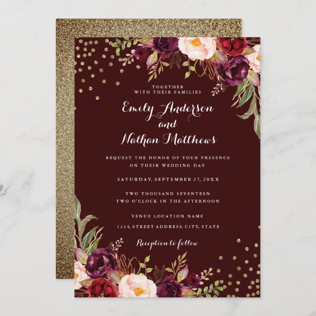 Gold Confetti Burgundy Floral Wedding Invitation (Front/Back)