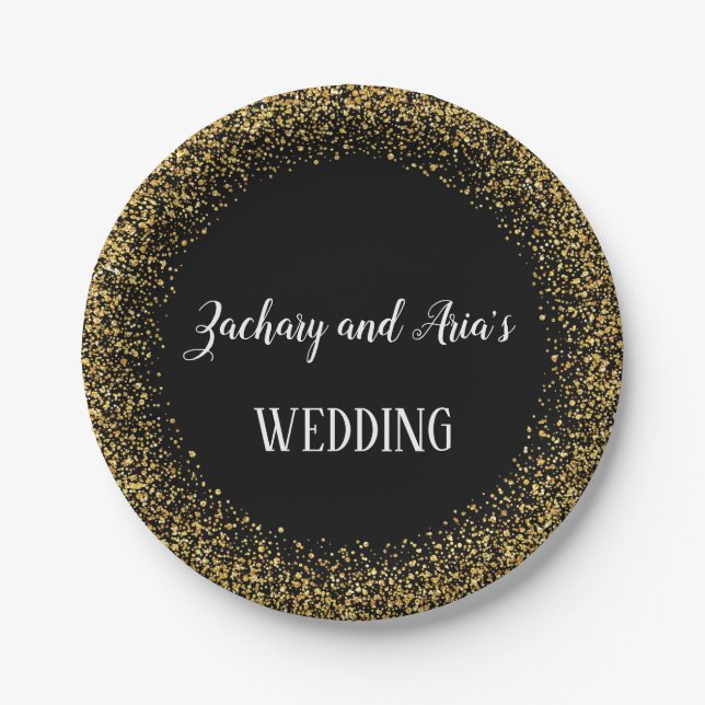 Gold Confetti Calligraphy | Black Wedding Plates (Front)