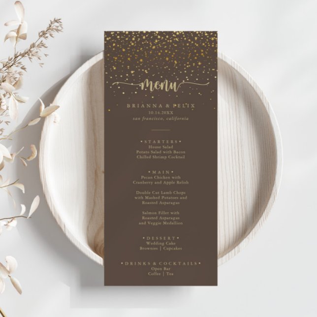 Gold Confetti Calligraphy Brown Dinner Menu (Creator Uploaded)