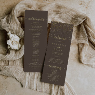 Gold Confetti Calligraphy Brown Wedding Programme