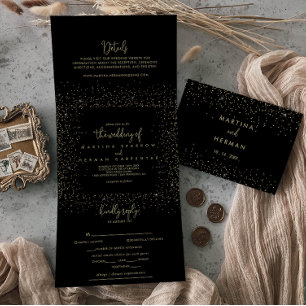 Gold Confetti Calligraphy Fancy Script Wedding  Tri-Fold Invitation
