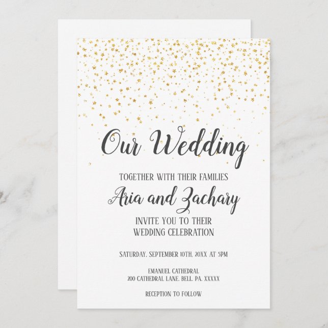 Gold Confetti Calligraphy Our Wedding Invitation (Front/Back)