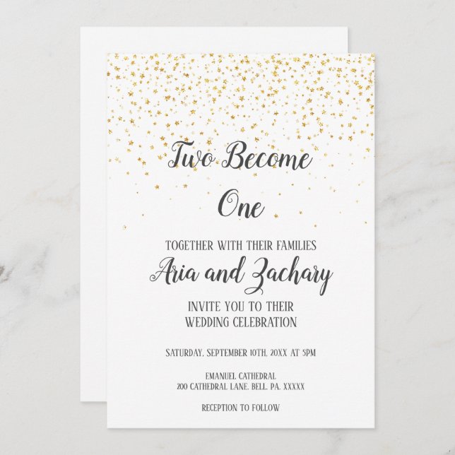 Gold Confetti Calligraphy Two Become One Wedding  Invitation (Front/Back)