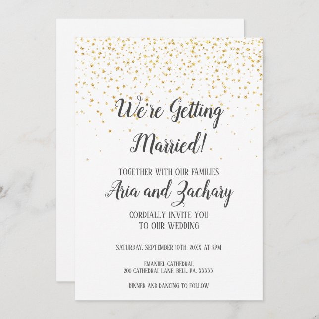 Gold Confetti Calligraphy We're Getting Married  Invitation (Front/Back)