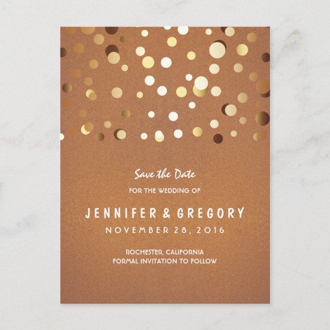 Gold Confetti Casual and Romantic Save the Date Announcement Postcard (Front)