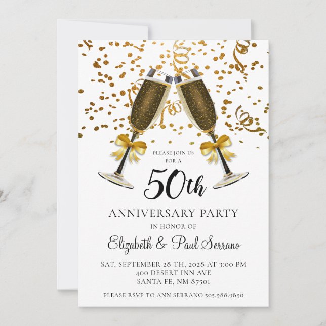 Gold Confetti Champagne Glasses 50th Anniversary  Invitation (Front)