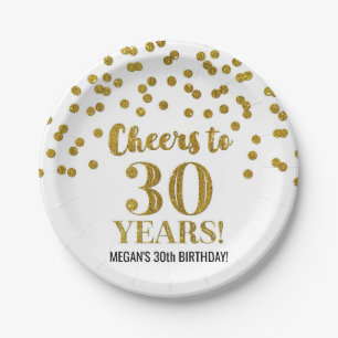 Gold Confetti Cheers to 30 Years Birthday Paper Plate