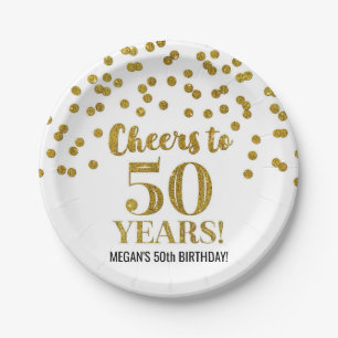 Gold Confetti Cheers to 50 Years Birthday Paper Plate