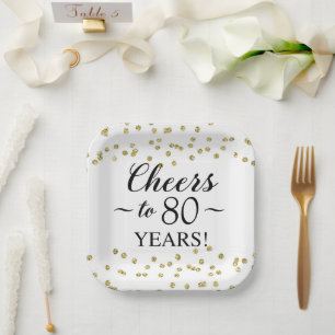 Gold Confetti Cheers to 80 Years Paper Plate