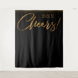 Gold Confetti "Cheers!" Year Black Backdrop Tapestry