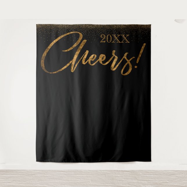 Gold Confetti "Cheers!" Year Black Backdrop Tapestry (Front)