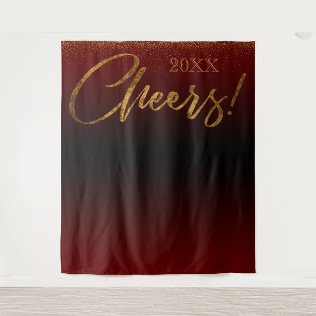 Gold Confetti "Cheers!" Year Red Ombre Backdrop Tapestry (Front)