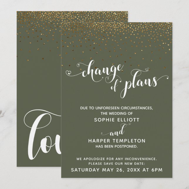 Gold Confetti & Chive Green Change of Plans Card (Front/Back)
