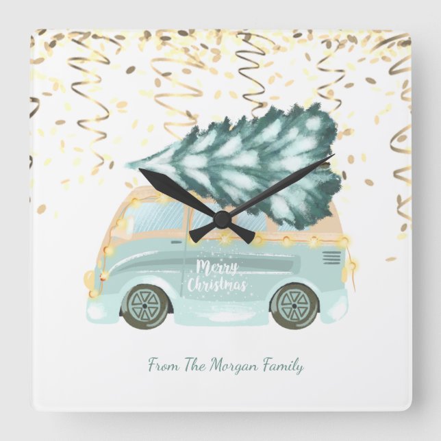 Gold Confetti,Christmas Green Truck Pine Tree   Square Wall Clock (Front)