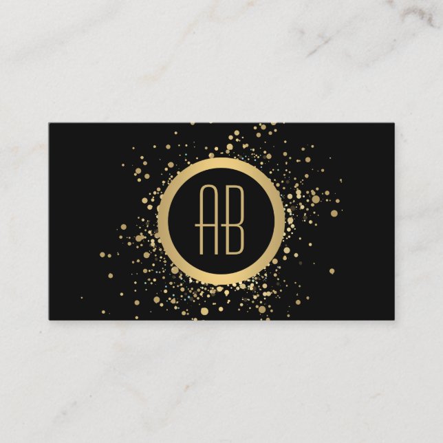Gold Confetti Circle Monogram Black Business Card (Front)