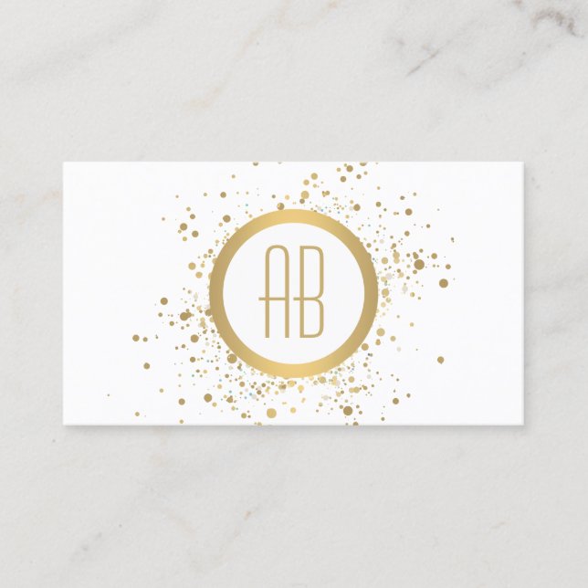 Gold Confetti Circle Monogram White Business Card (Front)