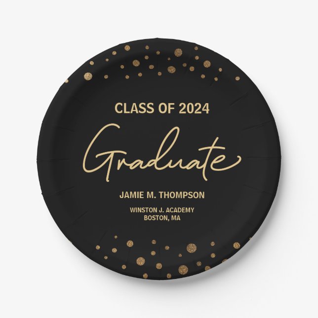 Gold Confetti Class of 2024 graduation Paper Plate (Front)