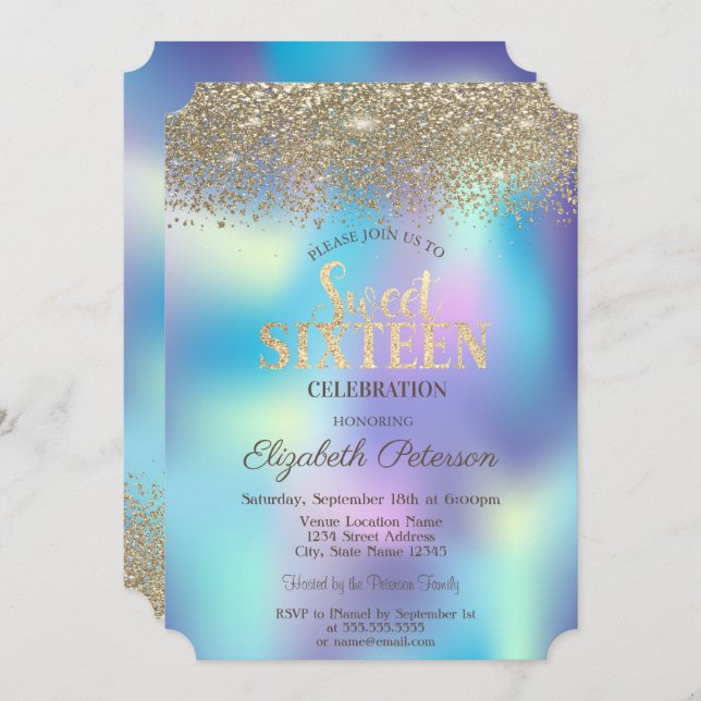 Gold Confetti Diamonds Blue Holographic Sweet 16 Invitation (Front/Back)