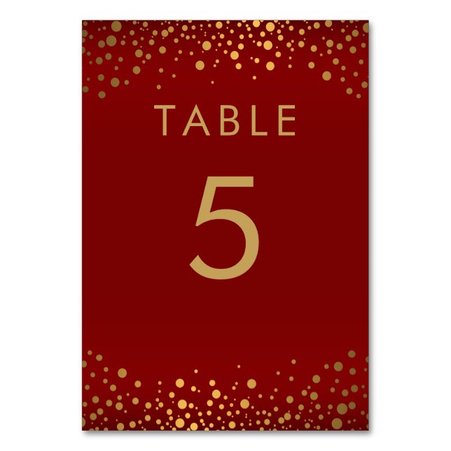 Gold Confetti Dots and Maroon Red -  Table Numbers (Front)