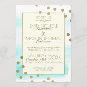 Gold Confetti Dots and Watercolor Wedding Invitation