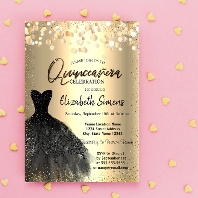 Gold Confetti Dots,Black Dress Quinceañera Invitation (Creator Uploaded)
