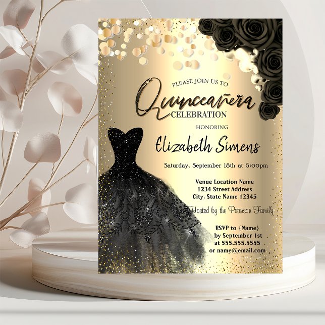 Gold Confetti Dots,Black Dress Roses Quinceañera  Invitation (Creator Uploaded)