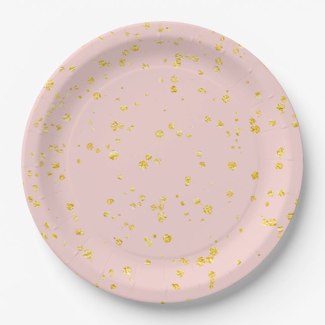 Gold Confetti Dots Blush Pink Paper Plate (Front)