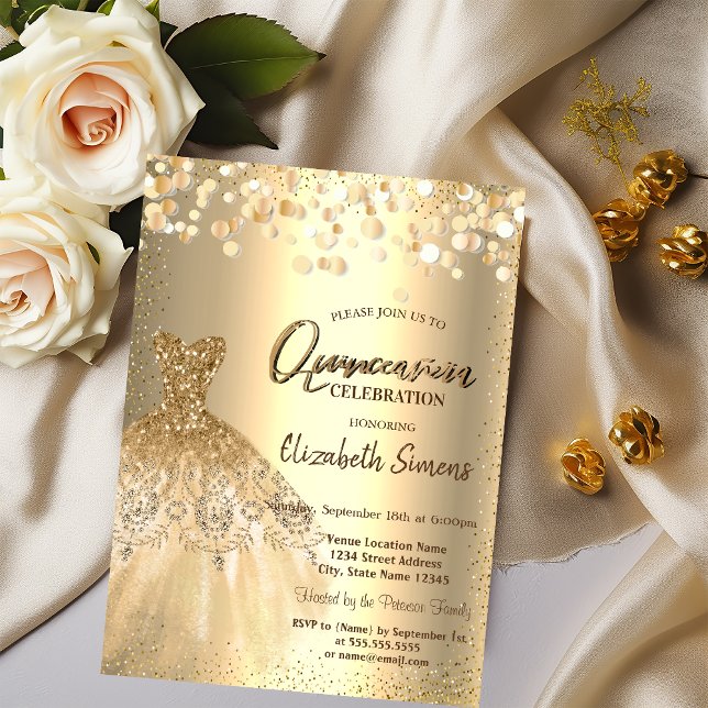 Gold Confetti Dots,Chic Dress Quinceañera Invitation (Creator Uploaded)