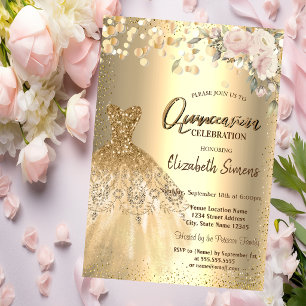 Gold Confetti Dots,Dress,Roses Quinceañera  Invitation