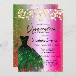 Gold Confetti Dots,Green Dress Ombre Quinceañera  Invitation