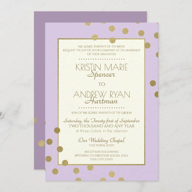 Gold Confetti Dots Lavender Celebration Wedding Invitation (Front/Back)