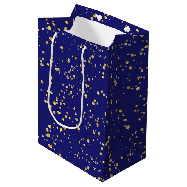 Gold Confetti Dots Midnight Blue Medium Gift Bag (Front Angled)
