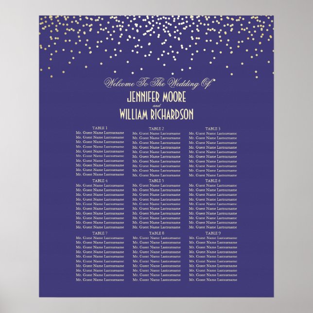 Gold Confetti Dots Navy Wedding Seating Chart (Front)