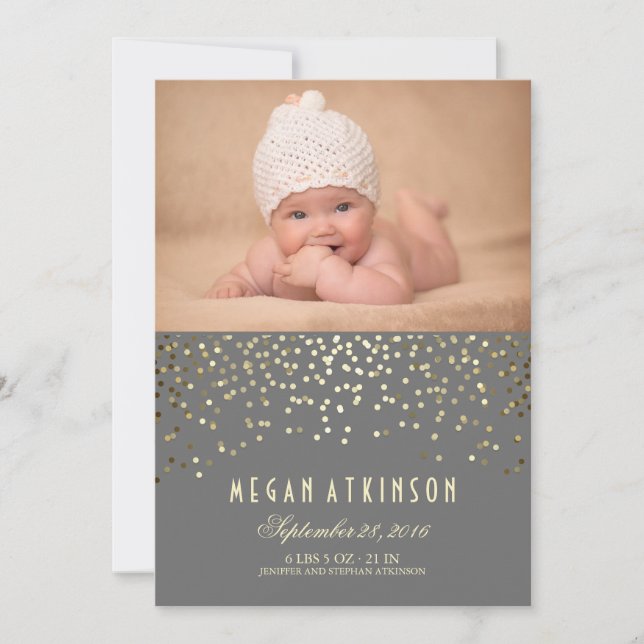 Gold Confetti Dots Newborn Baby Photo Birth Announcement (Front)