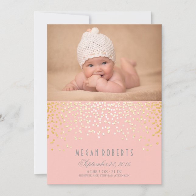 Gold Confetti Dots Pink Newborn Baby Photo Birth Announcement (Front)