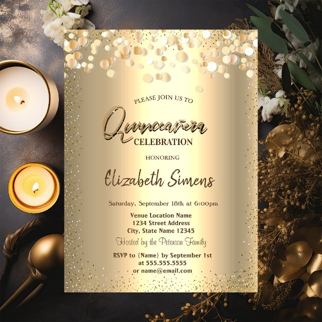 Gold Confetti Dots Princess Gold Quinceañera Invitation (Creator Uploaded)