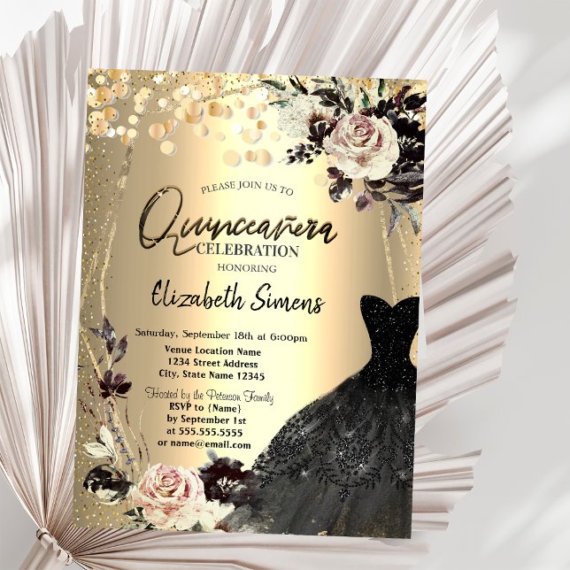 Gold Confetti Dots,Roses,Frame Black Dress  Invitation (Creator Uploaded)