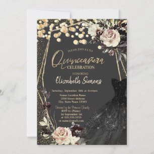 Gold Confetti Dots,Roses,Frame Dark Black Dress  Invitation