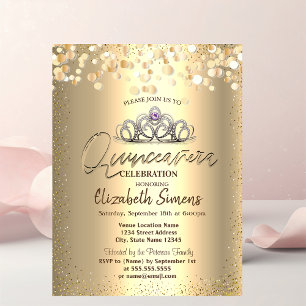 Gold Confetti Dots,Tiara Quinceañera Invitation
