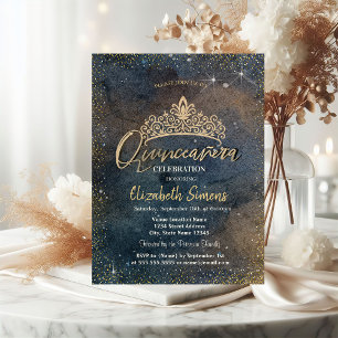 Gold Confetti Dots Watercolor Dark Quinceañera Invitation