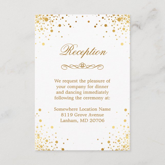 Gold Confetti Dots Wedding Accommodation Reception Enclosure Card (Front)