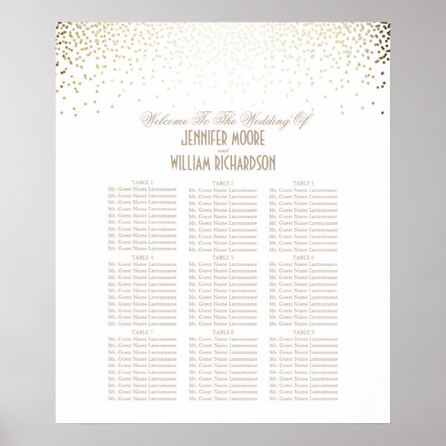 Gold Confetti Dots White Wedding Seating Chart (Front)