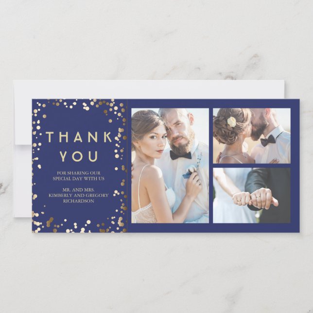 Gold Confetti Elegant Navy Wedding Thank You (Front)