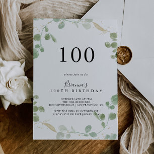 Gold Confetti Eucalyptus 100th Birthday Party Invitation