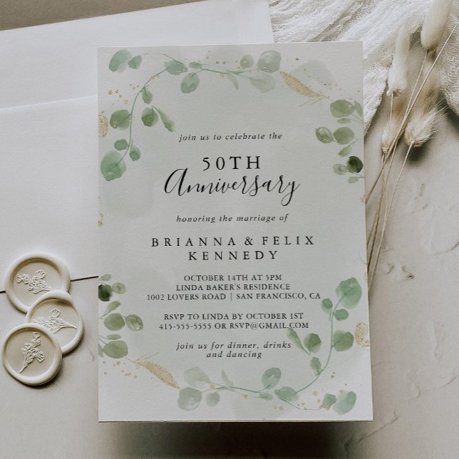 Gold Confetti Eucalyptus 50th Wedding Anniversary Invitation (Creator Uploaded)