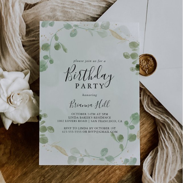 Gold Confetti Eucalyptus Foliage Birthday Party Invitation (Creator Uploaded)